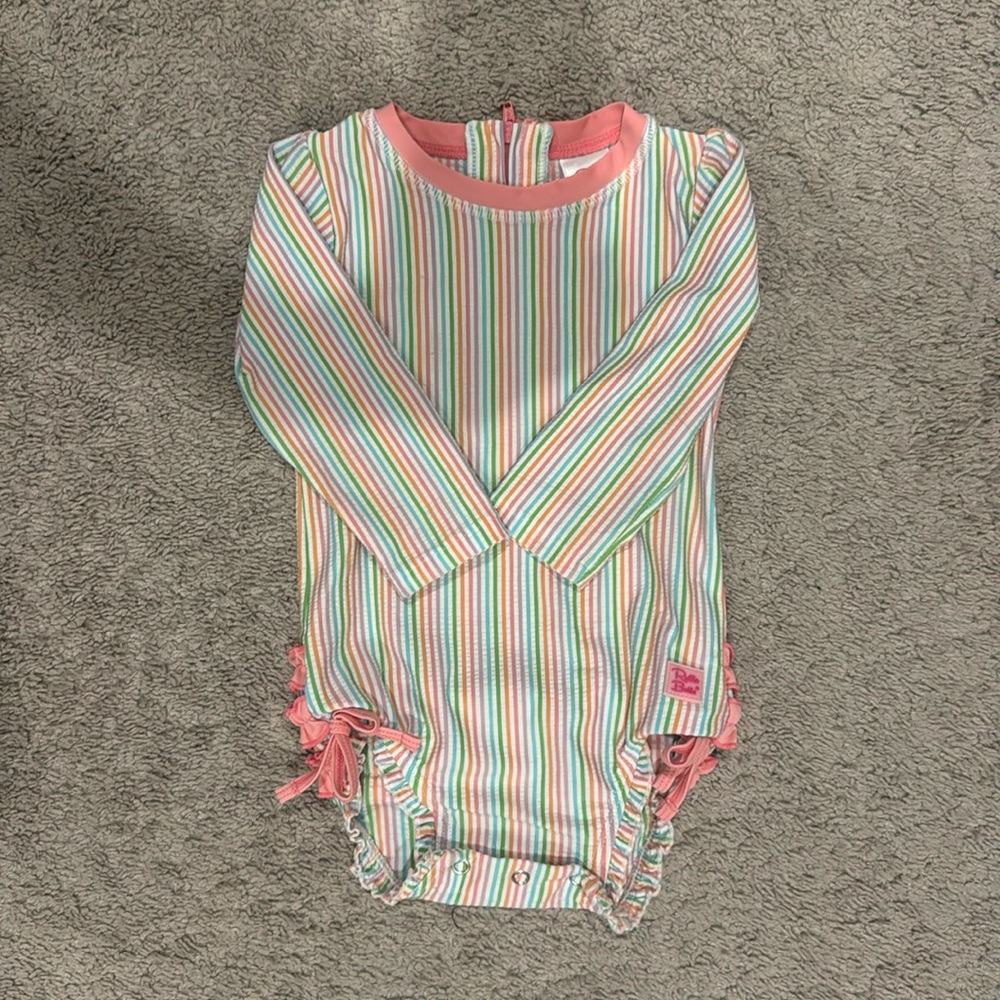 RuffleButts Rainbow Stripe Smoke Free Pet Free home Rash Guard Toddler 12-18 Mo